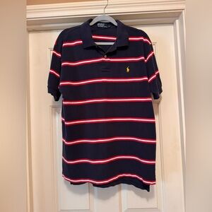 Ralph Lauren Men's Polo Shirt in Navy with Red and White Stripes